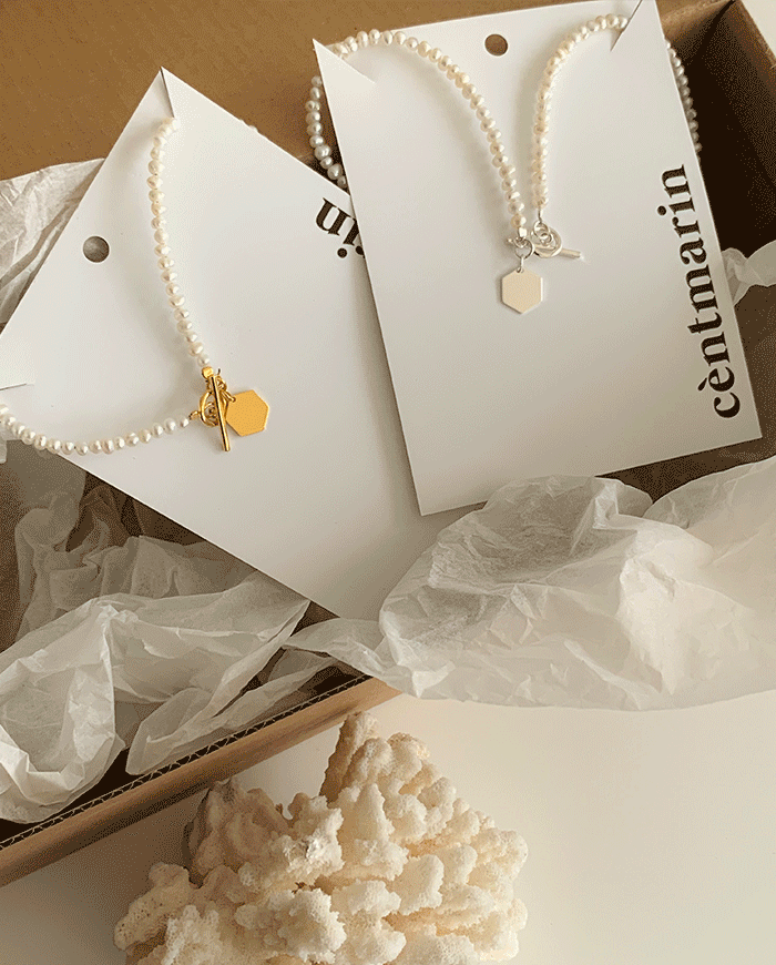 [925 silver] Hexagonal pearl necklace A 48